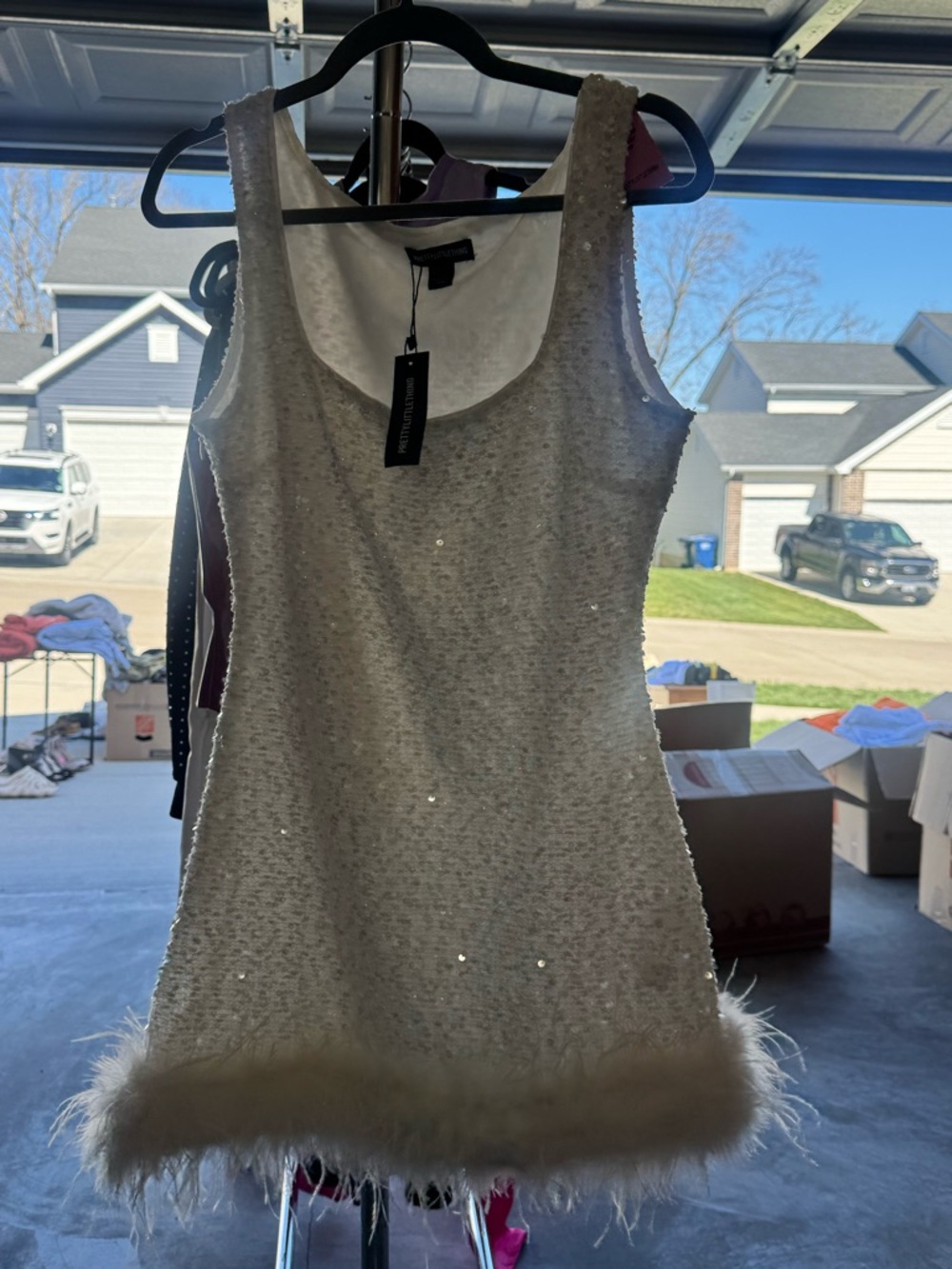 PrettyLittleThing White Sequin & Feather Trim Mini Dress